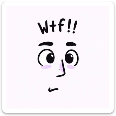 wide-eyed face emoji with one raised brow, small 'wtf' above the head in cursive or chalk font, soft lilac color palette, expresses a 'WTF' reaction—shocked, confused, or mildly judging but still cute, doodle-like, emotional, poetic, pastel dreamy vibe, suitable for Telegram channel sticker