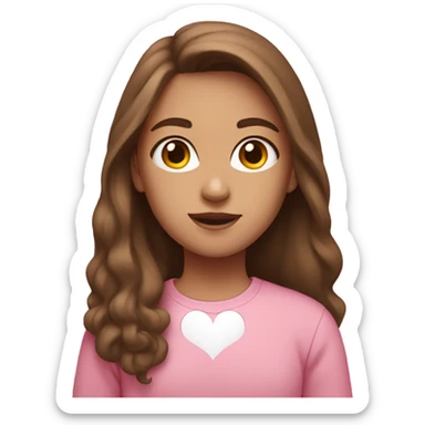 girl with brown hair in a pink sweatshirt shows white heart sticker
