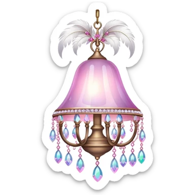 PInk iridescent Bell with chained hanging crystals LAMP with feathers CHANDELIER sticker