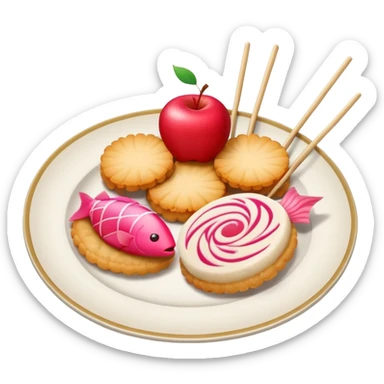 A combination of red apple, fish cake with pink swirl (narutomaki), rice cracker (senbei), and dango on a stick arranged together as a food plate sticker