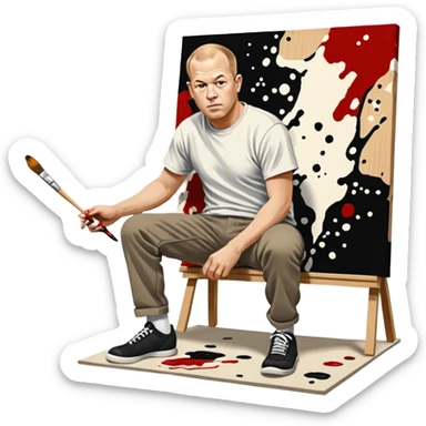 Jackson pollock the abstract artist flicking black white and red paint from a brush onto a canvas at his feet sticker