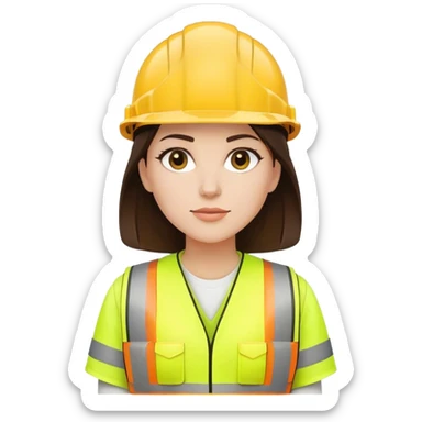 Mujer con casco obra conpletamente blanco pelo lacio castaño oscuro piel blanca chaleco de obra amarillo fosforito y camisa blanca sticker