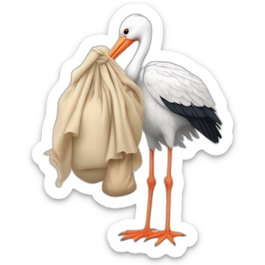  white stork carrying a bundle of cloth in its beak that has a baby human with light skin and dark hair and the baby face is peeking out from the cloths bundle the strok is carrying sticker