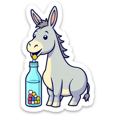 Donkey eating pills and drinking a bottle of alcohol  sticker