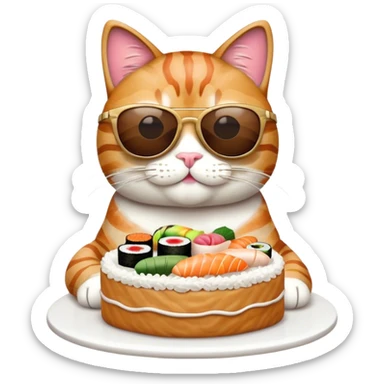 cool cat wearing sunglasses eating a birthday cake made out of sushi sticker