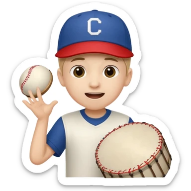 A young boy with a cap, wearing team colors, banging a small drum excitedly. sticker