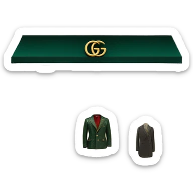 “Gucci store exterior with gold logo above entrance, large glass windows displaying luxury fashion, and elegant double doors.” sticker