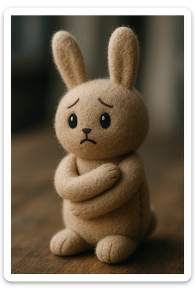 sweet bunny with a worried expression, hugging itself, gentle colors, plush portrait style sticker