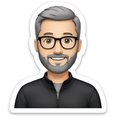 Light-skinned man with short black hair styled upwards, full short graying beard, smiling, wearing large black-framed glasses and a black long-sleeve sports shirt with zip at the neck sticker