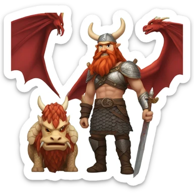 Viking red head dragon queen with a slain Viking solder with a man bun standing on a dragon flying over a volcano in a beautiful sky sticker
