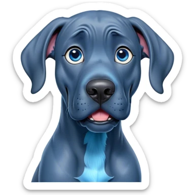 Cinematic Comical Blue Great Dane Portrait Emoji, Head tilted dramatically with an exaggeratedly amused expression, featuring a striking blue Fur with a glossy finish, wide, expressive steel-blue eyes filled with playful disbelief, Simplified yet hilariously expressive features, highly detailed, glowing with a slightly sassy glow, high shine, dramatic yet playful, stylized with an air of cheeky charm, bright and endearing, soft glowing outline, capturing the essence of a spirited and over-the-top guardian, so meme-worthy it feels like it could side-eye its way into internet fame instantly! sticker