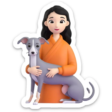 Slim Chinese girl with long black hair holding all grey Italian greyhound sticker