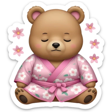 A cute chubby light-brown bear wearing a pastel pink sakura-patterned kimono, tiny body and round head, adorable simple face, sleepy half-closed eyes, small blush on cheeks, sitting while dozing off, tiny “zzz” floating above the head sticker