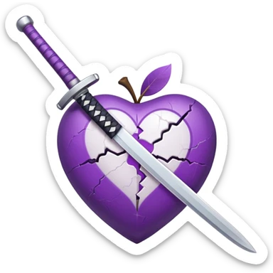 purple and white heart with a katana sword piercing through the center, Apple style emoji sticker