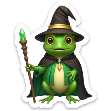 Frog with a wizard hat and cloak with a swazzy wooden wand sticker