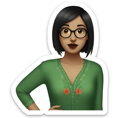 White girl in a green kurta with flower design, glasses, alot of piercing, gay, red lips, nose ring, full body, short straight black edgar hair, black straight hair, front bangs sticker