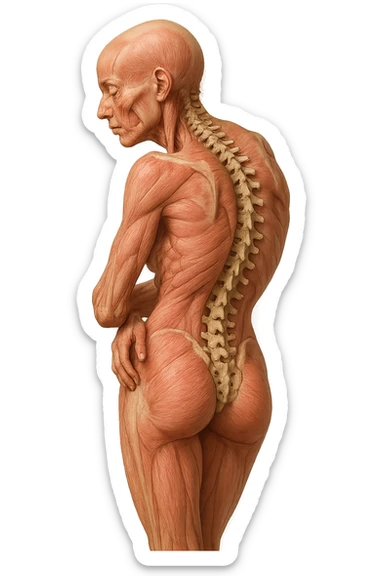 donna anatomica di profilo con spalle chiuse in avanti e postura storta, spina dorsale anatomica visibile, iperrealistico 4k sticker