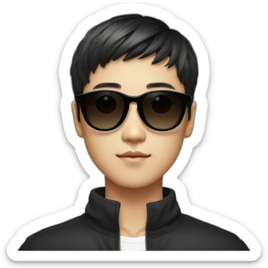 handsome korean boy with black Center Parting Bowl Cut hair wearing cool solid black sunglasses sticker