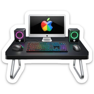 rgb gaming computer on black desk with a black keyboard and mouse sticker