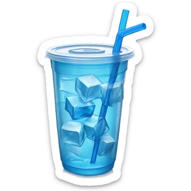 Realistic plastic cup and lid with blue soda and large ice cubes inside and straw through the top of the lid. sticker