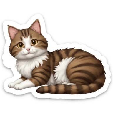 dark brown tabby and white cat with doing a big extremely long stretch reaching up into the air with arms and legs side by side together straight and overextended whilst lying on its side sticker