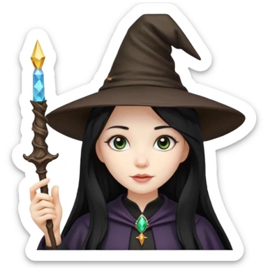 a girl with black long hair, witch hat and a magic wand in her hand sticker