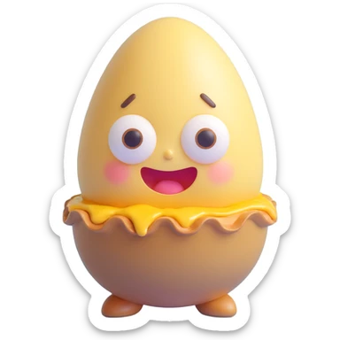 3D kawaii egg tart character with golden shell, jiggly custard face, large watery eyes, expressive mouth, pastel colors, chubby cheeks, exaggerated emotion, soft lighting, glossy finish sticker