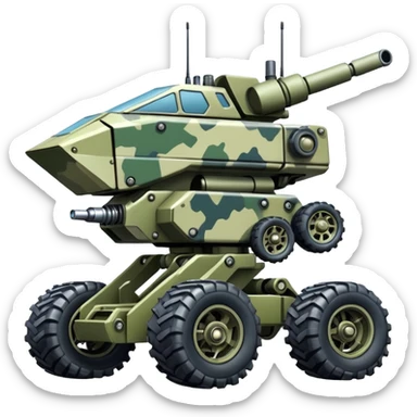 a 4-wheel camouflage army massive mech trail vehicle shooting forward side-hill leaning actively suspended pod enemy mech off-road racing rover with large fast engine  sticker