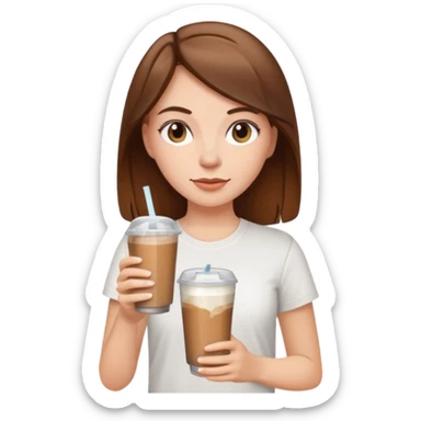 A white girl with brown hair and wearing a white tee holding an ice coffe sticker