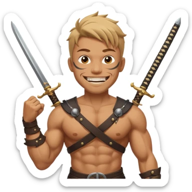 Haz que tenga una sonrisa epica una cicatriz en el ojo serrado y una espada entre los dientes y dos más a cada lado. sticker