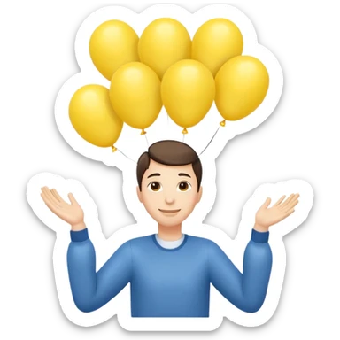 человек зацепился о шарики желтого цвета и летит вверх, видно только голову и шарики и руки sticker