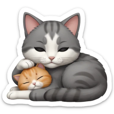 dark grey and white small cat with his eyes closed, leaning his head on his paw while leaning on his elbow lying down sticker