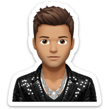 Ricky Martin with brown hair, black sequin jacket, shirtless with necklace sticker