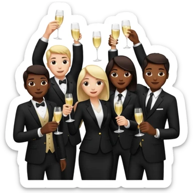 Un equipo cin trajes negros, personas blancos y negros de ventas celebrando un logro con un brindis. El fondo negro totalmente  sticker