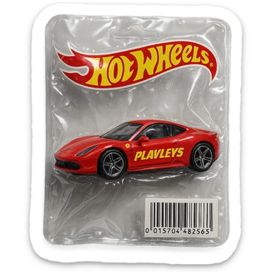 red Ferrari car with the word 'PLAVLEYS' in racing style lettering on the side, inside a Hot Wheels blister package, glossy and puffy, vacuum-sealed style sticker