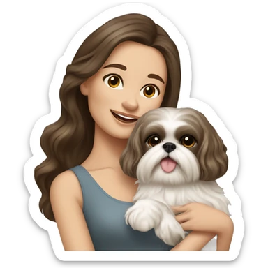 Young brunette hair woman with a cream shih tzu in her arms long wavy hair sticker