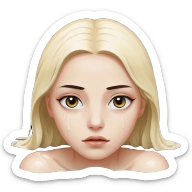 Woman submerged in black water, wet skin and eyes above surface, silent invitation sticker