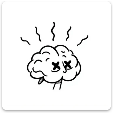 hand-drawn doodle of a brain with X eyes and wavy lines above it, showing exhaustion and brainrot sticker