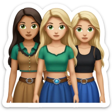 Three women, light skin with dark blonde long hair with green eyes in crop top, tan skin black long hair with brown eyes in western wear, and light skin long blonde hair with blue eyes wearing a dress sticker
