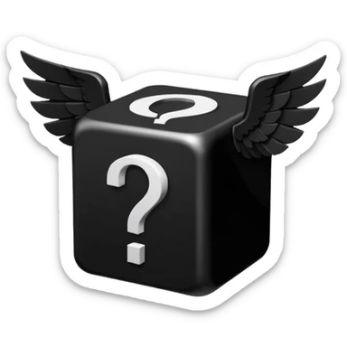 Black cube with black wings and has a white question mark sticker