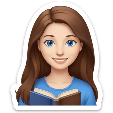 Woman with long brown hair and blue eyes holding a book and smiling  sticker
