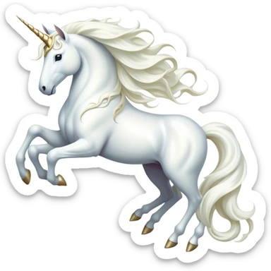 cinematic-noble-white-unicorn-full body-emoji,-poised-and-regal,-with-a-slender,-ethereal-form-draped-in-a-pristine-white-color,-a-flowing-mane-and-tail,-and-a-glistening,-spiraled-horn-that-radiates-pure-light,-simplified-yet-sharp-and-majestic, zoomed out to show a majestic unicorn sticker