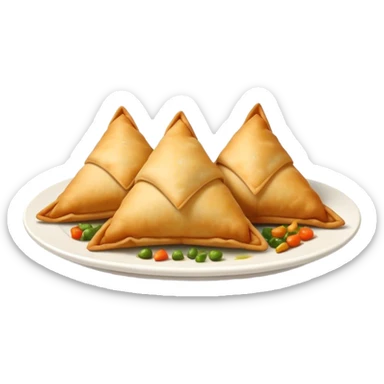 Cinematic Realistic Samosas Dish Emoji, depicted as golden, crispy pastry pockets filled with spiced vegetables rendered with detailed textures and appetizing lighting. sticker
