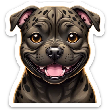 Cinematic Comical Black/Brindle Staffordshire Bull Terrier Portrait Emoji, Head tilted dramatically with an exaggeratedly amused expression, featuring a striking Fur with bold black and brindle patterns, wide, expressive dark eyes filled with playful disbelief, Simplified yet hilariously expressive features, highly detailed, glowing with a slightly sassy glow, high shine, dramatic yet playful, stylized with an air of cheeky mischief, bright and endearing, soft glowing outline, capturing the essence of a spirited and over-the-top guardian, so meme-worthy it feels like it could side-eye its way into internet fame instantly! sticker