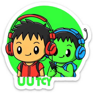 Green Luffy and green Alastor wearing headphones listening to music together sticker