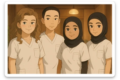 Four nursing students standing side by side in a warm indoor ambiance, wearing white short-sleeved uniform tops without collars or undershirts, forearms bare, no stethoscopes. The tops are medical tunics with V-necks and a chest pocket on the left side, in Ghibli style. sticker