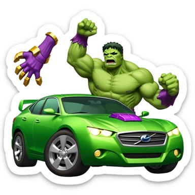Vengeful hulk smashing a car wearing infinity gauntlet sticker