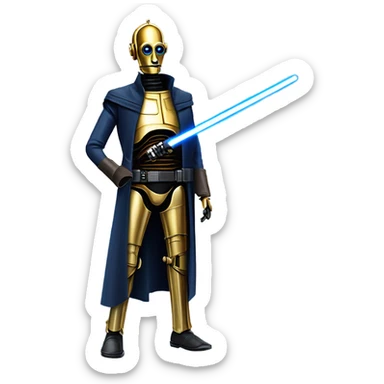 well-equipped jedi first order human-sized darkblue-pearl C3po as a friendly bounty hunter droid wearing a leather wild west duster coat holding light saber ready to fight but relaxed. antiqued sticker