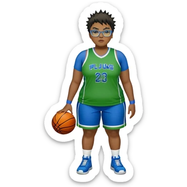 full body white plus size women basketball player with short spiky dark hair with added blond highlights wearing blue glasses wearing green and blue uniform sticker