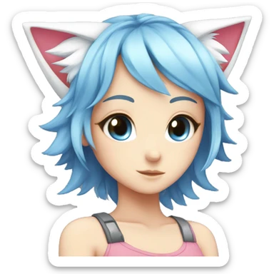 anime girl, fox ears, different eye color one blue eye, one white eye,  blue hair, pink hair sticker